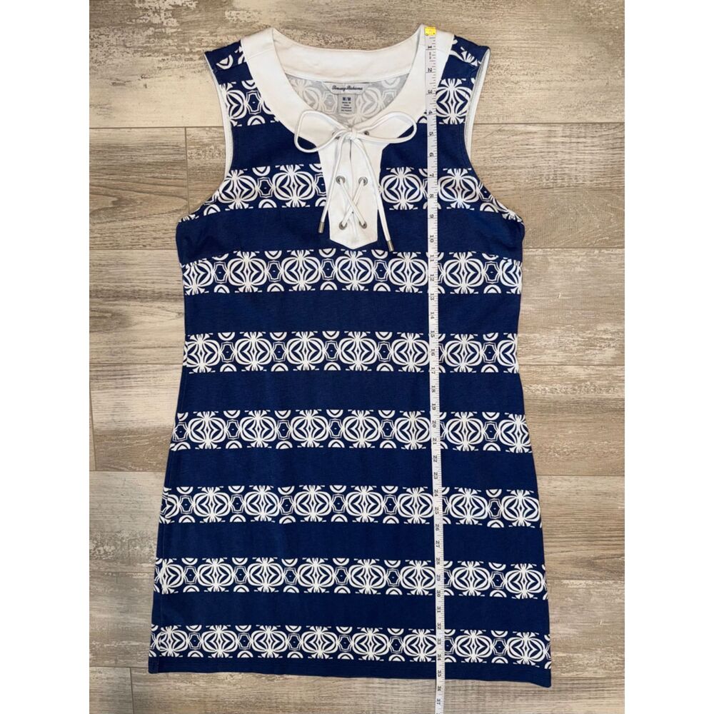 Tommy Bahama Sleeveless Pima Cotton Lace-Up Shift Dress Blue White Print Medium - Picture 9 of 9